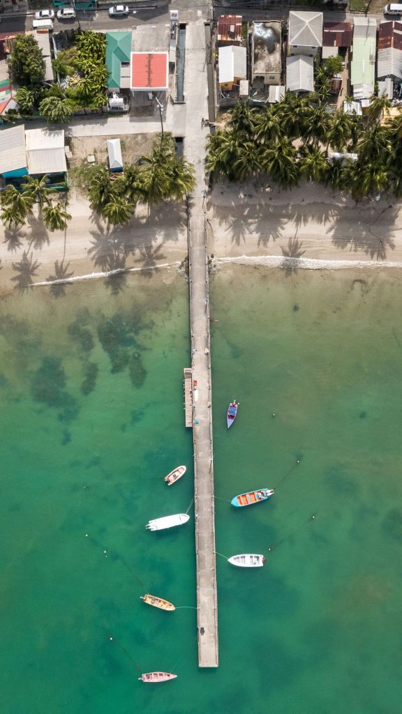 Laborie pier and moored boats seen from directly above