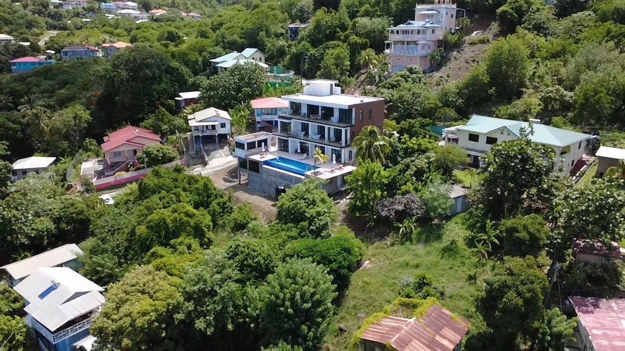Palms La Batterie among the trees and houses of Calvary Hill, from the air