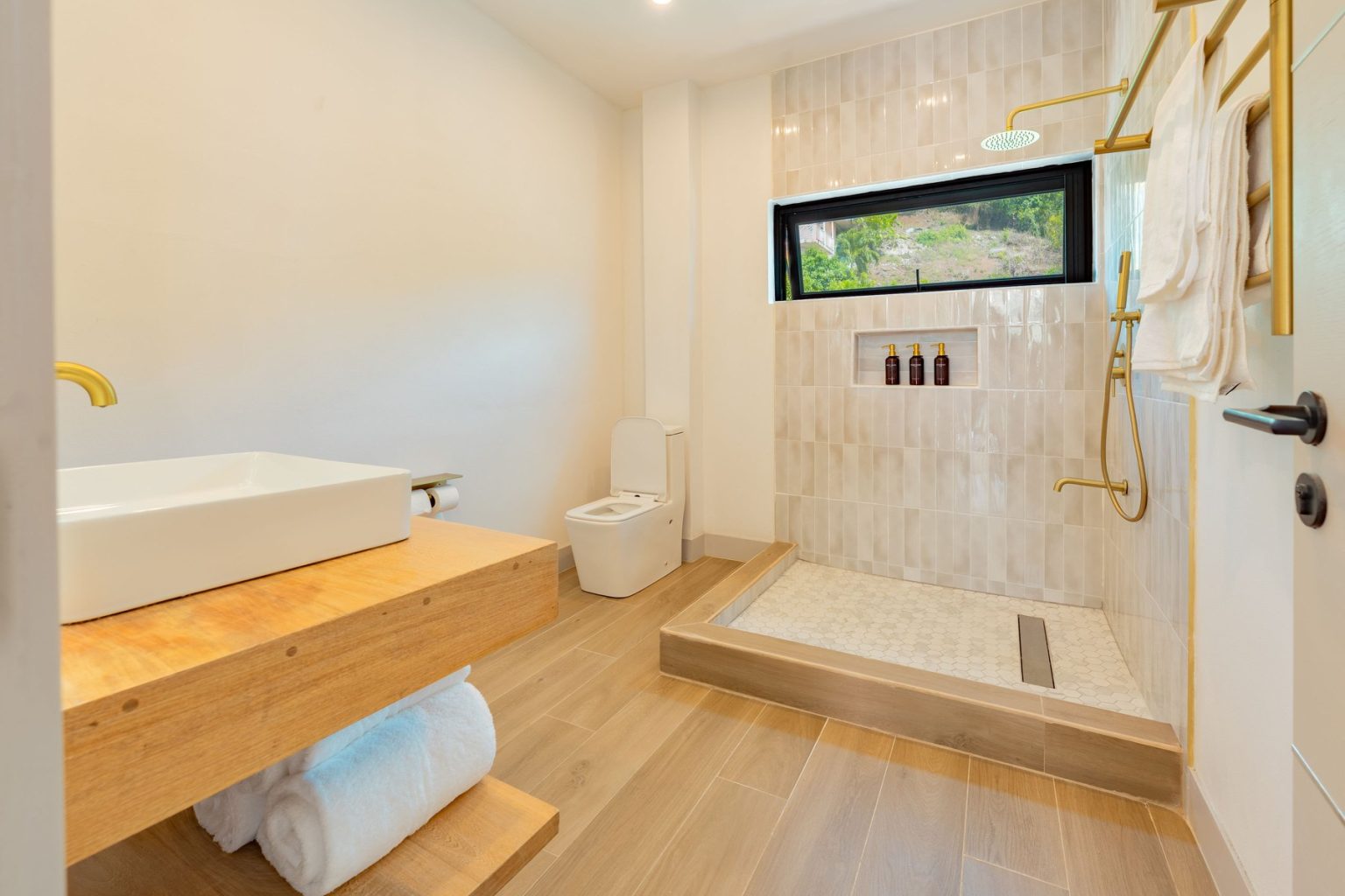 Penthouse bathroom with a stone basin and a walk-in shower